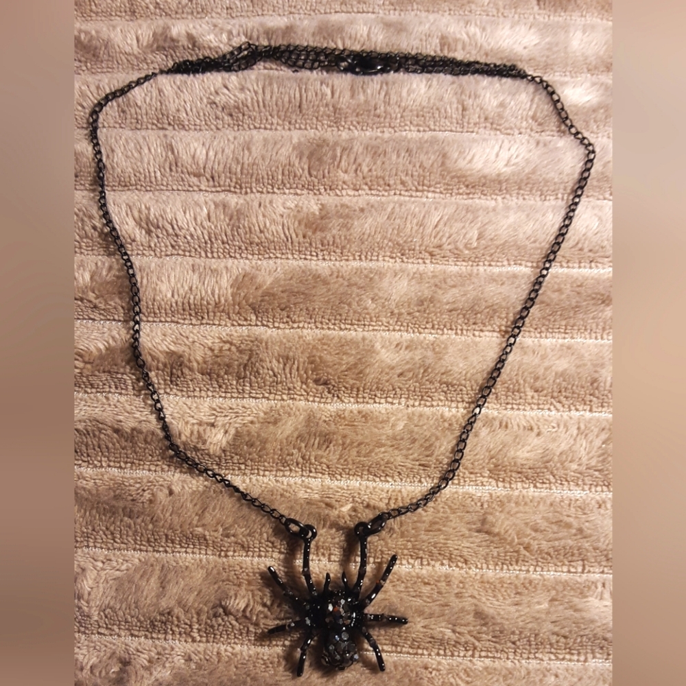 Handmade Rhinestone Spider Necklace Black With Black Chain